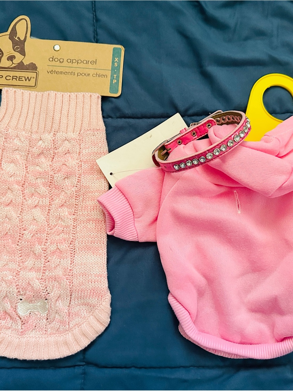 Pink Knit Sweater,hoodie & Rhinestone Collar Set - Pink